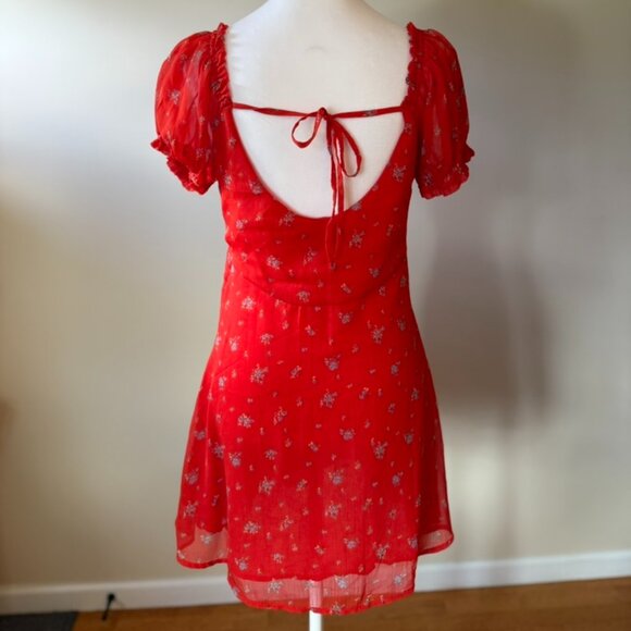 Urban Outfitters Becca Printed Red Floral Puff Sleeve Mini Dress Medium UO - Picture 6 of 11
